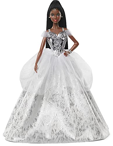 Barbie GXL22 - Barbie Signature 2021 Holiday Barbie Puppe (30 cm, brünettes, geflochtenes Haar) im silbernen Kleid mit Puppenständer und Echtheitszertifikat, Geschenk für Kinder ab 6 Jahren von Mattel