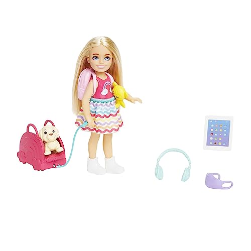 Barbie-Spielzeug, Chelsea-Puppe und Accessoires, Reiseset mit Hündchen und 6 Teilen, einschließlich Hundetragekorb, HJY17 von Barbie