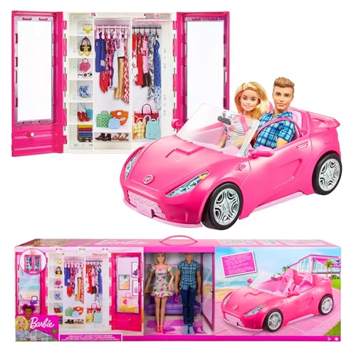 Barbie und Ken Puppe mit Kleiderschrank und faltbarem Auto, Rosa, Zweisitzer, inklusive Zubehör. von Mattel