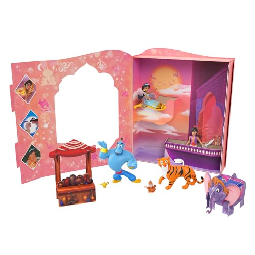 Mattel DISNEY PRINCESS Jasmin klassisches Geschichtenbuchset - 6 Lieblingsfiguren aus dem Film Aladdin, doppelseitiger Hintergrund, perforierte Teile und fliegendem Teppich, ab 3 Jahren, HPL57 von Mattel