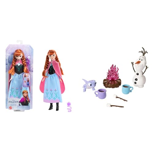 Disney Frozen Die Eiskönigin Anna Puppe & DIE EISKÖNIGIN - Olaf und Bruni Kakao-Set für Lagerfeuer, Tassen mit Kakao und Marshmallows, Geschenke für Kinder, HLW62 von Mattel