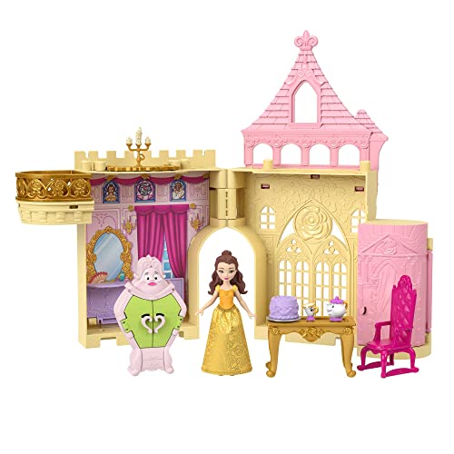 Disney Prinzessin-Spielzeug, Belles Stapelschloss Puppenhaus-Spielset mit kleiner Puppe und 9 Teilen, inspiriert von dem Disney-Film, Reisespielzeug und Geschenke für Kinder, JDP54 von Mattel