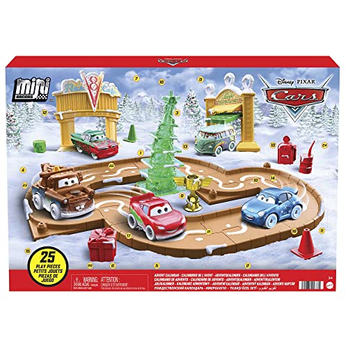 Disney und Pixar Cars Adventskalender, Mini-Rennwagen, 5 Spielzeugautos, Streckenteile und Mini-Spielzeugzubehör, 25 Überraschungen, Weihnachtsgeschenke für Kinder, HGV71 von Mattel