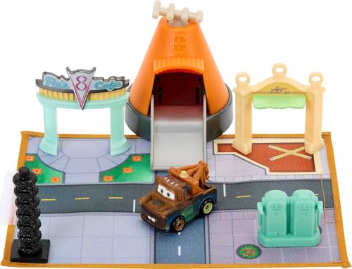 Disney und Pixar 's Cars Toys Mini Racers On-the-Go Heizkörperfeder-Spielset mit 1 Mini-Auto, Zubehör und tragbarer Tasche, Spielzeuggeschenk für Kinder von Mattel