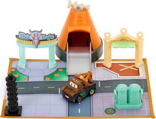 Disney und Pixar 's Cars Toys Mini Racers On-the-Go Heizkörperfeder-Spielset mit 1 Mini-Auto, Zubehör und tragbarer Tasche, Spielzeuggeschenk für Kinder von Mattel