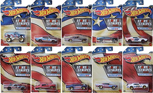 Hot Wheels American Stars and Stripes Exclusive Series 10 Car Set Bundled with Camaro / Plymouth / Barracuda / Mercury Cougar / Chevy Blazer / El Camino 10 Items Red White & Blue von Mattel