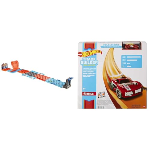 Hot Wheels GKT87 - Rennkiste mit 3 Stunts in 1 Set, transportable einfache Aufbewahrung, 6 bis 10 Jahre & FTL69 - ​Auto und Mega Track Pack, Spielzeug Autorennbahn ab 4 Jahren von Mattel