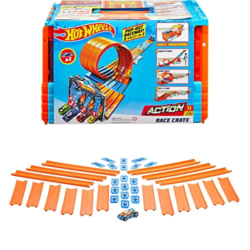 Hot Wheels GKT87 - Rennkiste mit 3 Stunts in 1 Set, transportable einfache Aufbewahrung, 6 bis 10 Jahre & Wheels BHT77 - Track Builder Pack inklusiv Fahrzeug von Mattel