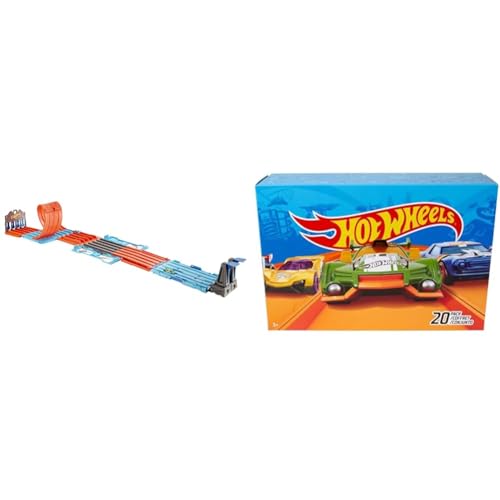 Hot Wheels GKT87 - Rennkiste mit 3 Stunts in 1 Set, transportable einfache Aufbewahrung & DXY59-20er Pack 1:64 Die-Cast Fahrzeuge Geschenkset, je 20 Spielzeugautos, zufällige Auswahl von Mattel