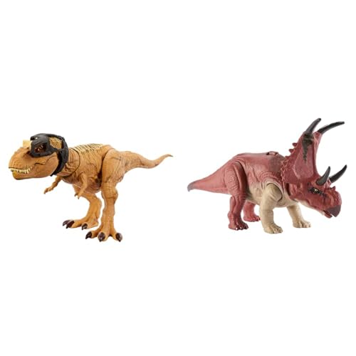 Jurassic World Jagen Und Zermalmen Tyrannosaurus-Rex & Jurassic World Wild Roar Diabloceratops - Mittelgroßer Spielzeugdinosaurier mit Brüllgeräuschen und Track-Code für Augmented Reality, HLP16 von Mattel