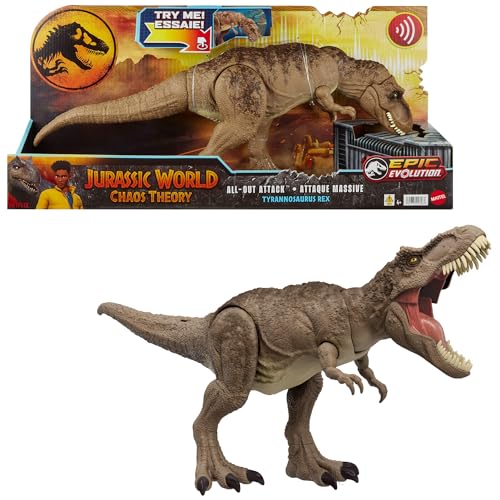 Mattel Jurassic World: Die Chaostheorie Netflix - All-Out Attack Tyrannosaurus Rex Dinosaurier Actionfigur-Spielzeug, T-Rex mit Stampfattacke, Beißen und Brüllen & hochentwickelten Kampfstacheln,HXF54 von Jurassic World