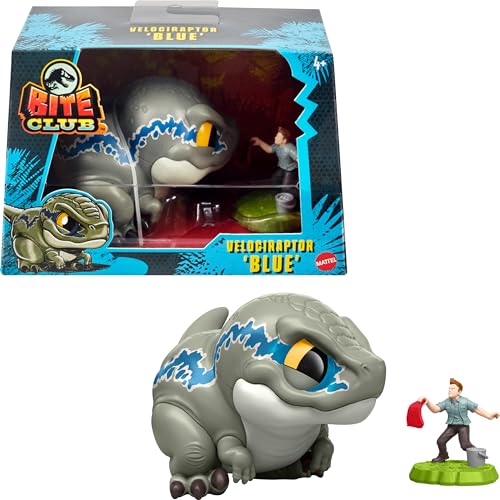 Mattel ​Jurassic World Bite Club Sammelfigur, Velociraptor 'Blue' Chubby Stilisierte Dinosaurier ca. 10,2 cm Figur mit Zubehör ​, HVB37, Mehrfarbig von Mattel