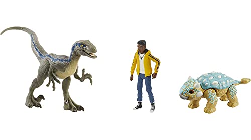 ​Jurassic World Camp Creaceous Darius 3 Figuren Storypack, Darius, Velociraptor Blue & Ankylosurus Bumpy, authentische Dekoration & bewegliche Gelenke, für Kinder ab 4 Jahren [Amazon Exclusive] von Mattel