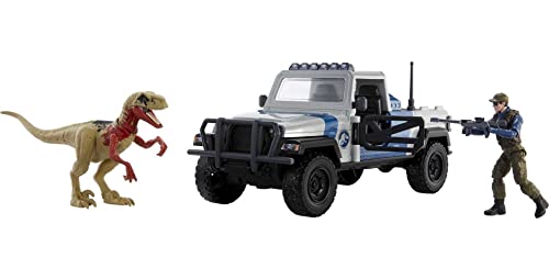 Jurassic World Truck Set Atrociraptor Dinosaurier & Menschliche Figur Filmfahrzeug mit Destruct Smash Area Spielzeuggeschenk mit angeschlossenem Digitalspiel von Mattel