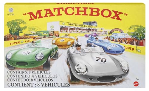 MATCHBOX Premium Die-Cast Set - 8 Sammler-Fahrzeuge mit True-Grip-Reifen, beweglichen Teilen und platinfarbener Lackierung und Jubiläumsbox, HPC03 von Mattel