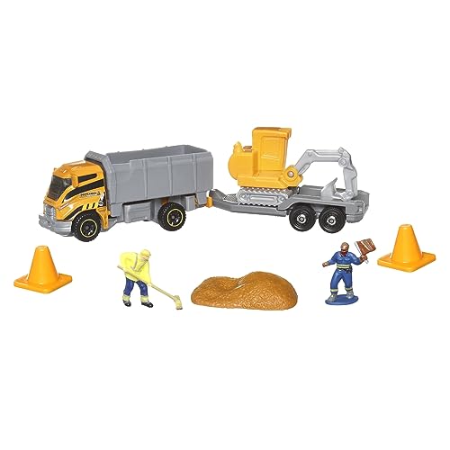 Matchbox Collectors Die-Cast Hitch and Haul 70 Years Anniversary Playset - MBX Construction Zone ~ Truck, Pritschenanhänger und Bagger mit Zubehör und Figur von Mattel