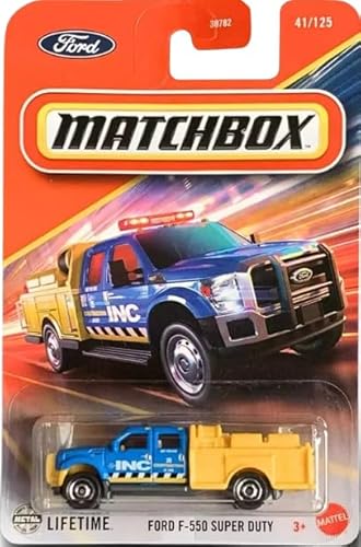 Matchbox Ford F-550 Super Duty Diecast Auto, Maßstab 1:64, blau/gelb, #41/125 von Mattel