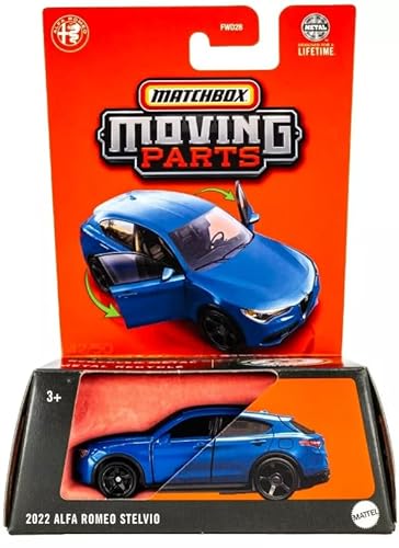 Matchbox Moving Parts Alfa Romeo Stelvio, Modell 2022, Maßstab 1:64, Blau Druckguss Auto von Mattel