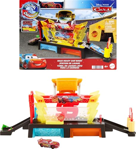 Mattel Disney Pixar Cars Autowaschanlagen-Spielset für Rennwagen mit Lightning McQueen-Spielzeugauto mit Farbwechseleffekt, ca. 50 cm lang, mit anderen Sets kombinierbar, JBM70 von Mattel