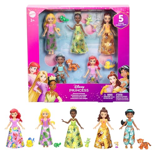 Mattel Disney Princess und Freunde Set mit 5 beweglichen kleinen Puppen mit abnehmbaren Röcken oder Hosen und 5 Freundefiguren, inspiriert von den Disney-Filmen, JBL33 von Mattel