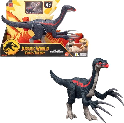 Mattel Jurassic World Chaostheorie Attacke und Brüllgeräusche Therizinosaurus Dinosaurier-Actionfigur, Klauenangriff und Brüllgeräusch, digitaler Spielspaß, JCG17, [Mehrfarbig] von Mattel