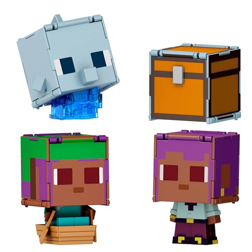 Mattel Minecraft Flippin’ Figs 2er-Pack, 2 maßstabsgetreue, ca. 9 cm große Actionfiguren mit großen Köpfen und 2-in-1-Spielfigur, Efe/Segelboot und Delfin/Schatztruhe, JCY31 von Mattel