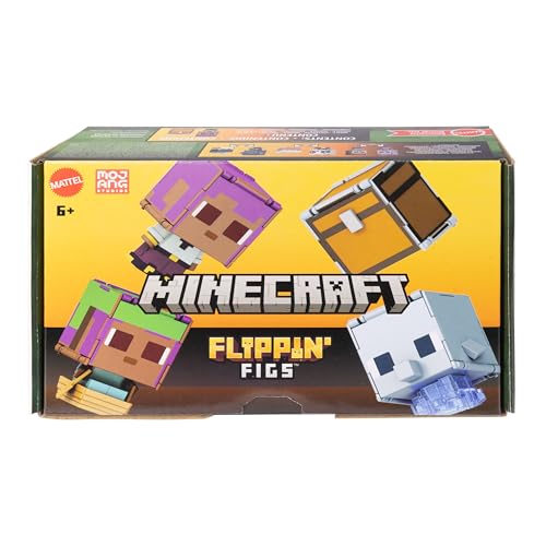 Mattel Minecraft Flippin’ Figs 2er-Pack, 2 maßstabsgetreue, ca. 9 cm große Actionfiguren mit großen Köpfen und 2-in-1-Spielfigur, Efe/Segelboot und Delfin/Schatztruhe, JCY31 von Mattel