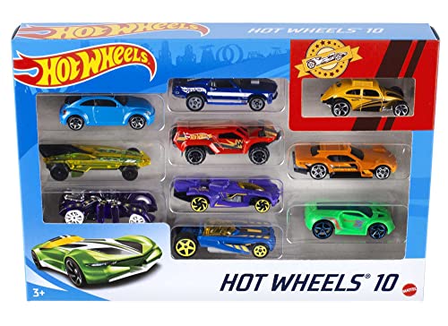 Hot Wheels 1:64 Die-Cast Auto Geschenkset, je 10 Spielzeugautos, zufällige Auswahl, Spielzeug Autos ab 3 Jahren, 10er Pack, Mehrfarbig, 54886 von Hot Wheels