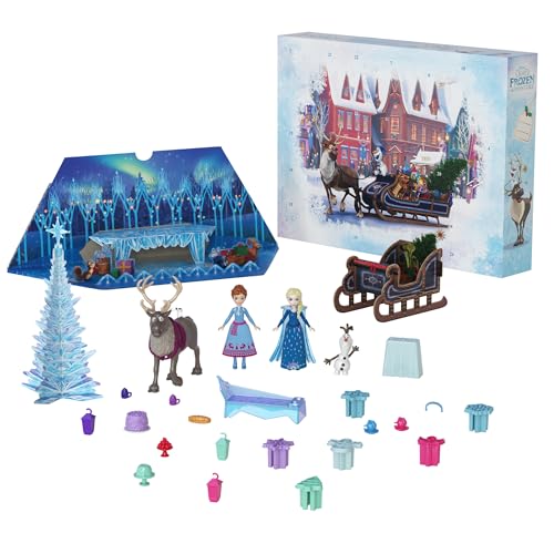 Mattel Disney Die Eiskönigin Kleine Anna- und Elsa-Puppen Adventskalender mit 2 Freundefiguren, formbarem Sand und 24 Spielteilen, inspiriert von Die Eiskönigin Olaf taut auf“, HWX20 von Mattel