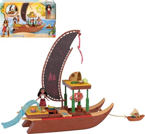 Mattel Disney JBT54 Moana 2 Spielzeuge, Moanas Abenteuer-Kanu Spielset mit schwimmendem Kanu, Moana Kleine Puppe, 1 Charakterfreund, 6 Spielbereiche & 10 Zubehörteile von Mattel