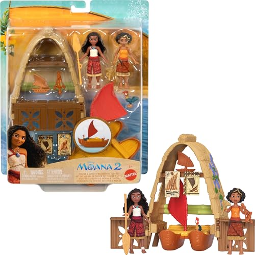 Mattel Disney Moana 2 Spielzeuge, Moana & Lotos Werkstatt Spielset mit 2 kleinen Puppen, Heihei-Figur, schwimmendem Boot & 5 Zubehörteilen von Mattel