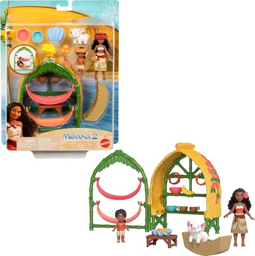 Mattel Disney Moana 2 Spielzeuge, Moana & Simea Village Home Spielset mit 2 kleinen Puppen, Pua-Figur & 15 Zubehörteilen von Mattel