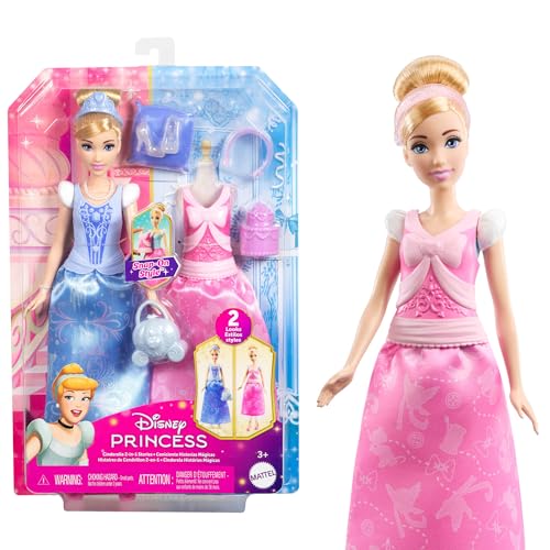 Mattel Disney-Princess-Spielzeuge, Cinderella-Modepuppe mit 2 Looks, 9 Accessoires, 2 Oberteile zum Anklipsen und 2 Röcke. 2-in-1-Geschichten inspiriert vom Disney-Film, JCR95 von Mattel