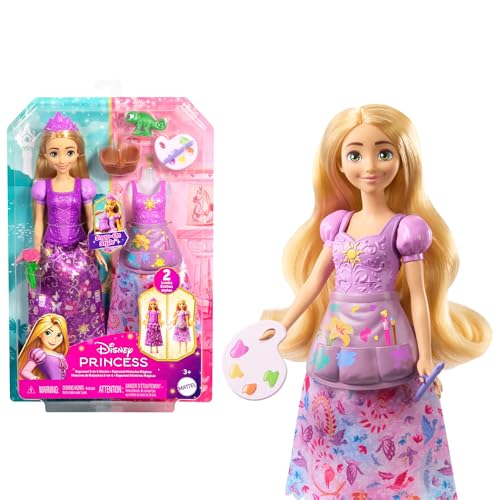 Mattel Disney-Princess-Spielzeuge, Rapunzel-Modepuppe mit 2 Looks, 9 Accessoires, 2 Oberteilen zum Anklipsen und 2 Röcken. 2-in-1-Geschichten inspiriert von Disney Neu verföhnt“, JBG09 von Disney Princess