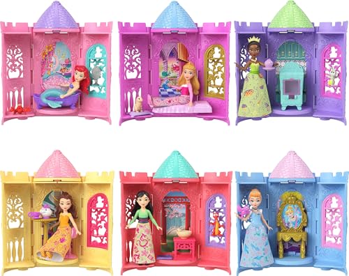 Mattel Disney Princess Tower Surprise Kleine Puppen & Zubehör, stapelbare Spielsets mit 4 Überraschungen & Freund aus Disney Filmen (Stile können variieren) von Mattel