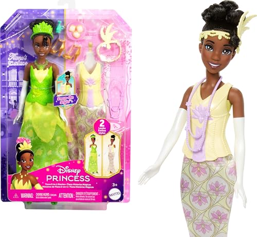 Mattel Disney Princess Toys, Tiana Modepuppe mit 2 Looks, 9 Accessoires, 2 aufsteckbaren Miedern & 2 Röcken, 2-in-1-Geschichten inspiriert vom Disney-Film von Mattel