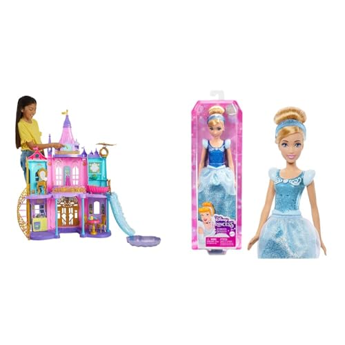 Mattel Disney Prinzessin Puppenhaus, Magisches Schloss, 3 Etagen & Prinzessin Cinderella - Bewegliche Puppe mit glitzerndem Outfit von Mattel