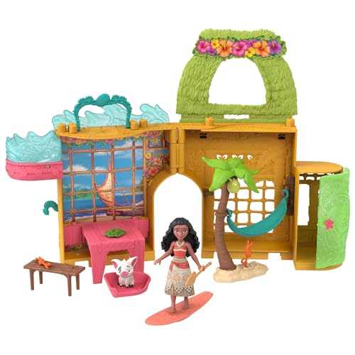 Mattel Disney Prinzessin Vaiana-Puppenhaus und -Puppe, Vaianas zusammensteckbare Inselheimat mit kleiner Puppe, zwei Freundefiguren und 8 Zubehörteilen, inspiriert vom Disney-Film HXK09 von Mattel