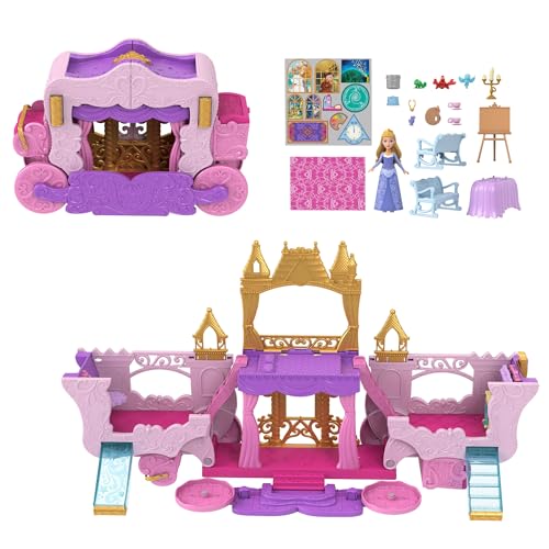 Mattel Disney Prinzessin Verwandlungs-Spielset Kutsche zu Schloss mit kleiner Puppe Aurora, 3 Ebenen, 6 Spielbereichen, 4 Figuren, Möbeln & Zubehör HWX17 von Mattel