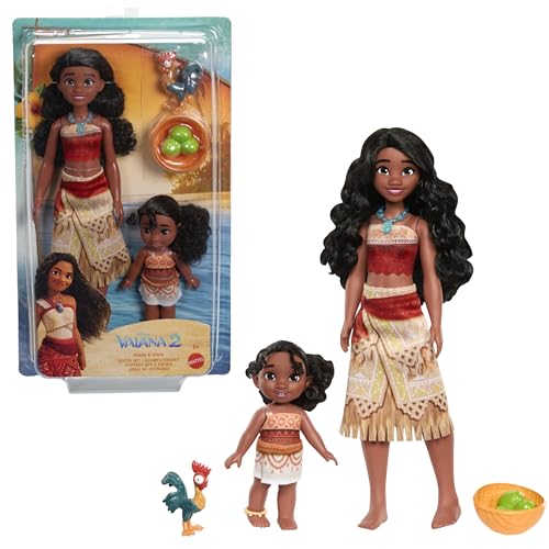 Mattel Disney Vaiana 2 Spielzeuge, Schwesternset mit 2 Modepuppen im bekannten Look, Haustier Heihei, Kokosnuss- und Korbzubehörteile, inspiriert vom Film, JBT66 von Mattel