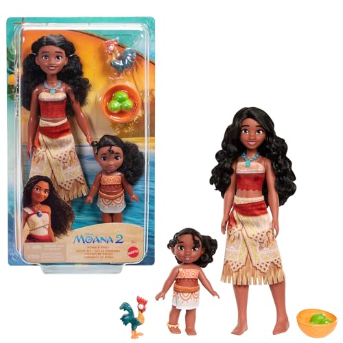 Mattel Disney Vaiana 2 Spielzeuge, Schwesternset mit 2 Modepuppen im bekannten Look, Haustier Heihei, Kokosnuss- und Korbzubehörteile, inspiriert vom Film, JBT66 von Mattel