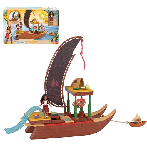 Mattel Disney Vaiana 2 Spielzeuge, Vaianas Abenteuerkanu-Spielset mit schwimmendem Kanu, kleiner Vaiana-Puppe, 1 Charakterfreund, 6 Spielbereichen und 10 Zubehörteilen, JBT78 von Mattel