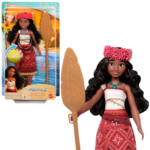 Mattel Disney Vaiana 2 singende Vaiana-Abenteuerpuppe mit charakteristischem Outfit und Accessoires, singt „We‘re Back“ in vier Sprachen, JBT61 von Mattel