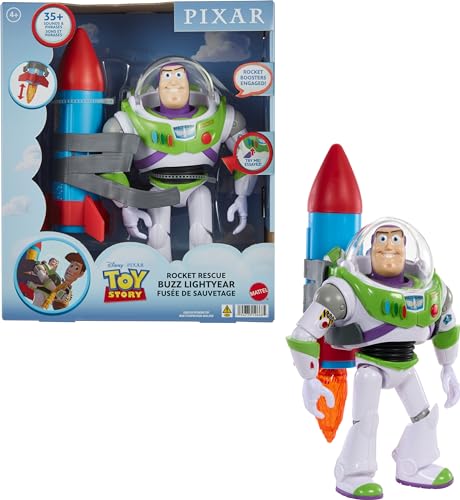 Mattel Disney und Pixar Toy Story Buzz Lightyear Actionfigur, 30,5 cm groß, mit Rakete & 20 Plus Sätzen & Sounds, Raketenrettungspaket Buzz Pack, HTR73, Mehrfarbig von Mattel