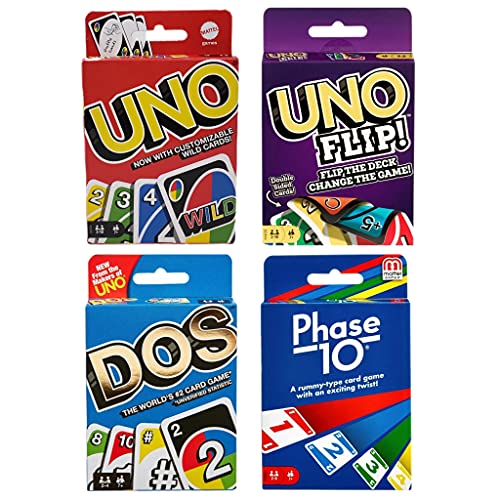 Mattel Familienkartenspiel-Sortimentspaket – 4 Kartenspiel-Bundle – Uno, Dos, Uno Flip und Phase 10 – Ultimatives Familienspiel-Nacht-Kartenpaket von Mattel