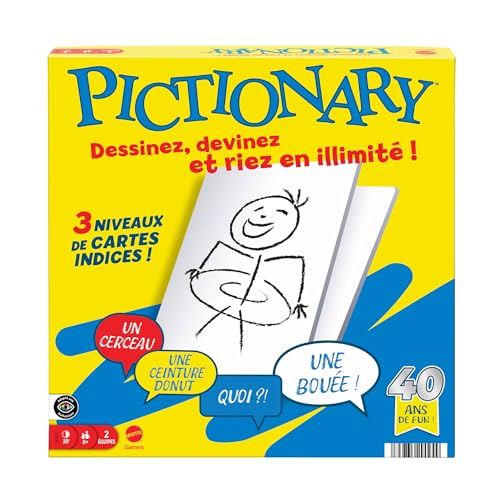 Mattel Games Pictionary JDX98 Familienspiel für Jungen und Mädchen, Erwachsene und Spielabende, für Zwei Teams mit löschbarem Tintenmarker, Tafeln und Sanduhr, von Mattel Games