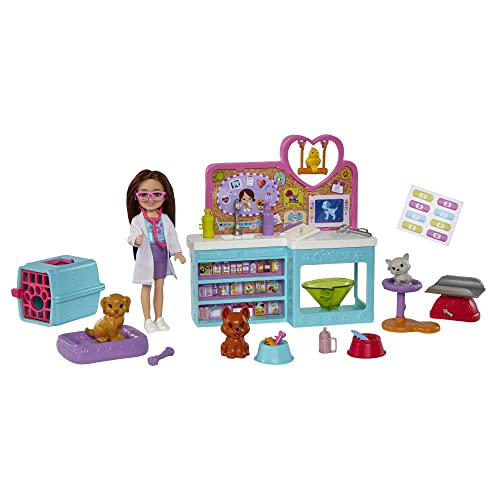 Barbie Chelsea Can Be Serie, Tierärztin Chelsea Puppe mit braunen Haaren, Tierklinik Spielset, 4 Spieltiere, Zubehör, 12+ Teile inkl. Dalmatiner, Geschenk für Kinder ab 3 Jahren,HGT12 von Barbie