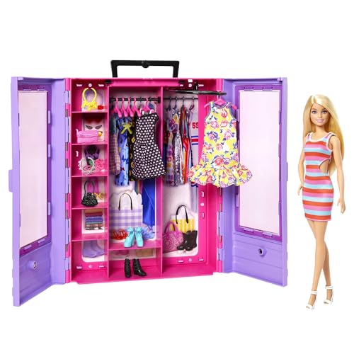 Barbie Ultimate Closet, Kleiderschrank mit über 15 Kleidern und Accessoires, Set zum Aufklappen, inkl. 1 Puppe, Geschenk für Kinder, Spielzeug ab 3 Jahre,HJL66 von Barbie