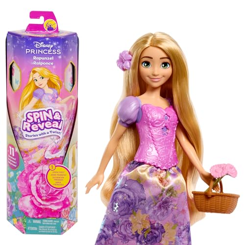 Mattel Disney Prinzessin Rapunzel Modepuppen-Set, Spin & Reveal mit 11 Überraschungen, darunter 5 Accessoires, 5 Sticker und eine Szene zum Spielen, vom Film inspiriert, HTV86 von Mattel