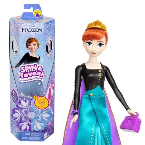 Mattel Disney Die Eiskönigin Anna Modepuppen-Set, Spin & Reveal mit 11 Überraschungen, darunter 5 Accessoires, 5 Sticker und eine Szene zum Spielen, vom Disney-Film inspiriert, HXD27 von Mattel